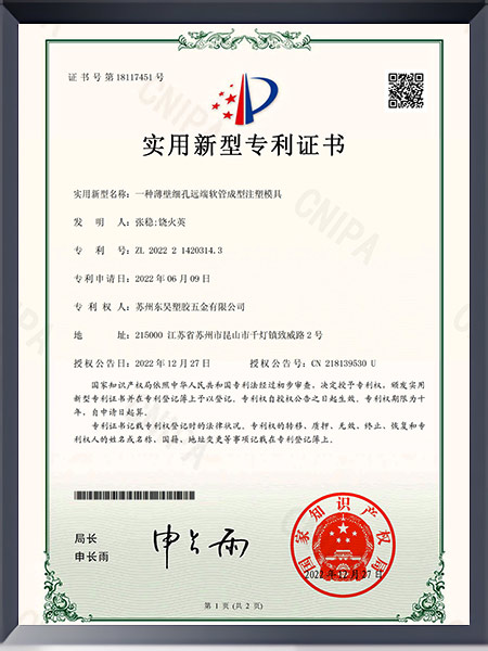 一种薄壁细孔远端软管成型注塑模具证书